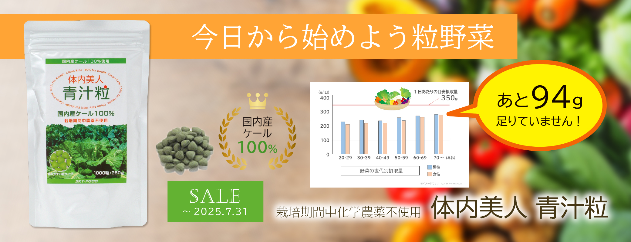 野菜、あと94g足りていません!?／今日から始めよう粒野菜 栽培期間中化学農薬不使用 体内美人 青汁粒 国内産ケール100％（～7/31まで特価）