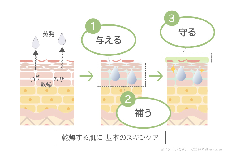 図：乾燥する肌に 基本のスキンケア／乾燥してカサカサしている肌→（１）与える→（２）補う→（３）守る