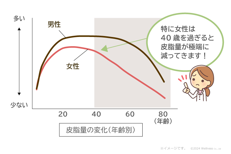 皮脂量の変化（年齢別　皮脂膜が肌を守っていることがよくわかりますね