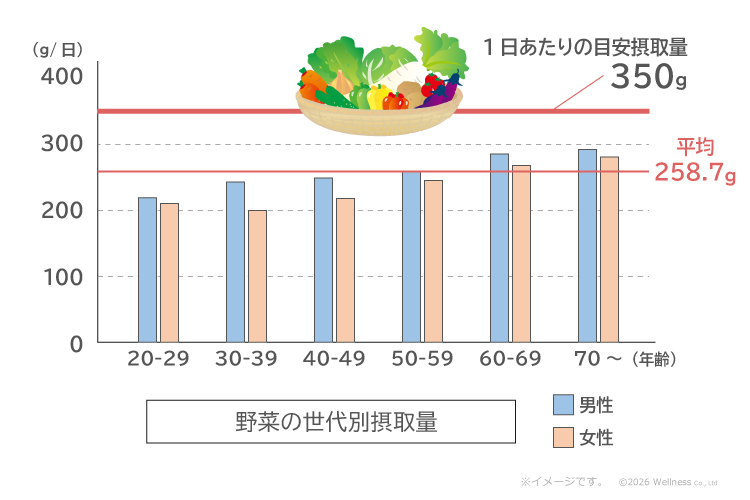 野菜の世代別摂取量のグラフ／一日あたりの目安摂取量は350g