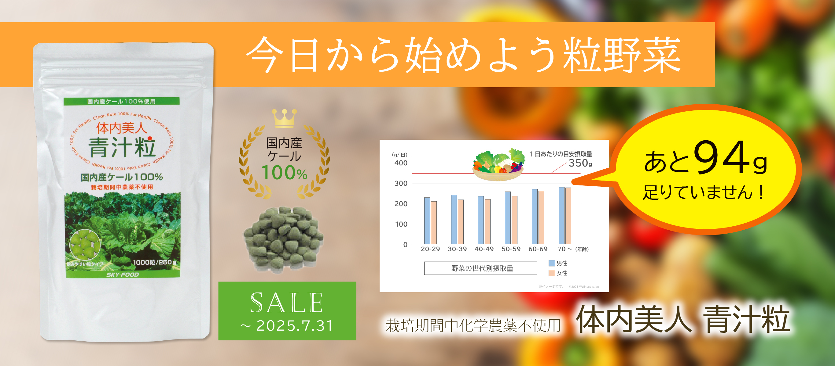 野菜、あと94g足りていません!?／今日から始めよう粒野菜／栽培期間中化学農薬不使用／体内美人 青汁粒（～7/31まで特価）
