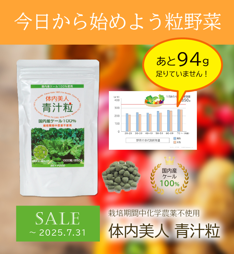 野菜、あと94g足りていません!?／今日から始めよう粒野菜／栽培期間中化学農薬不使用／体内美人 青汁粒（～7/31まで特価）